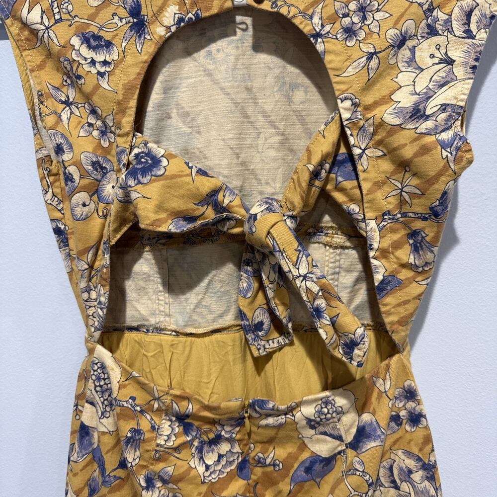 ANTHROPOLOGIE Tie Back Dress Boho Cap Yellow Blue Floral Open Back Mini Size 0 - Picture 7 of 14